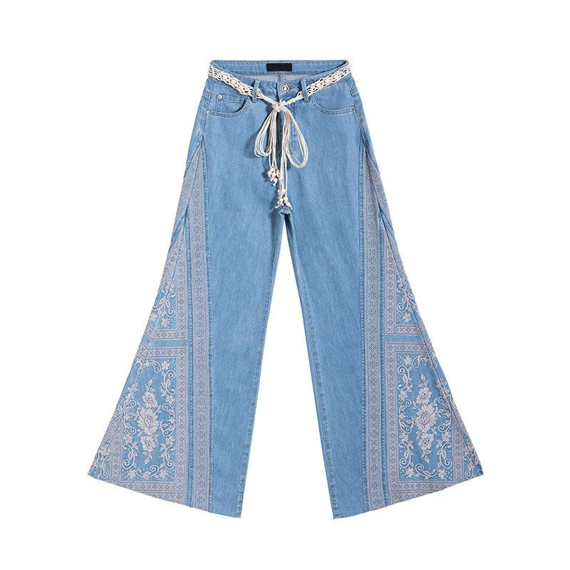 Raw Hem Ethnic Motif Embroidery Flared Jeans