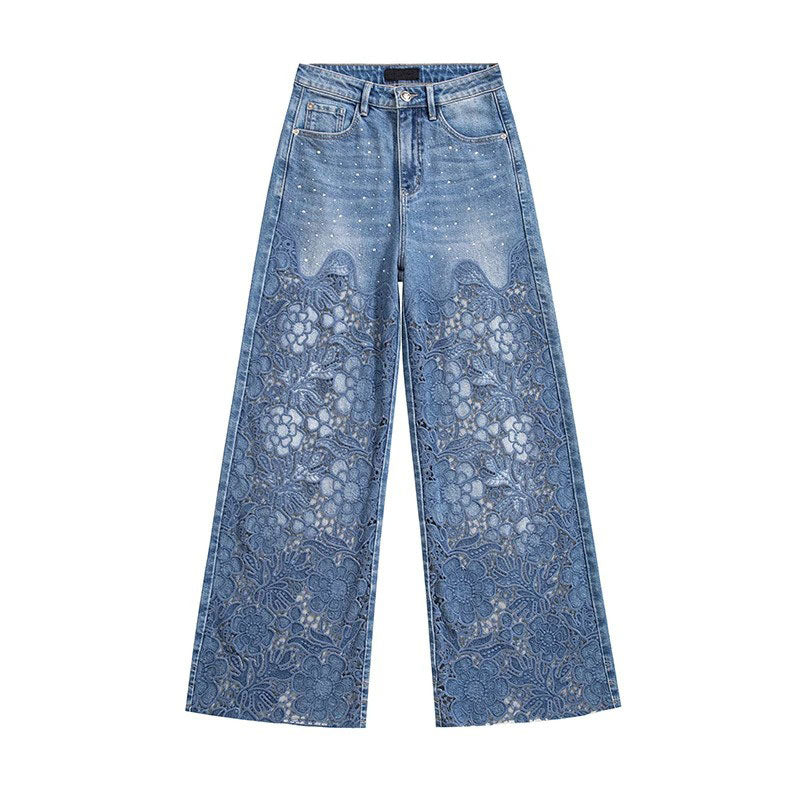 Raw Hem Floral Lace-Cut Jeans with Rhinestones