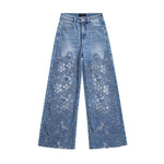 Raw Hem Floral Lace-Cut Jeans with Rhinestones