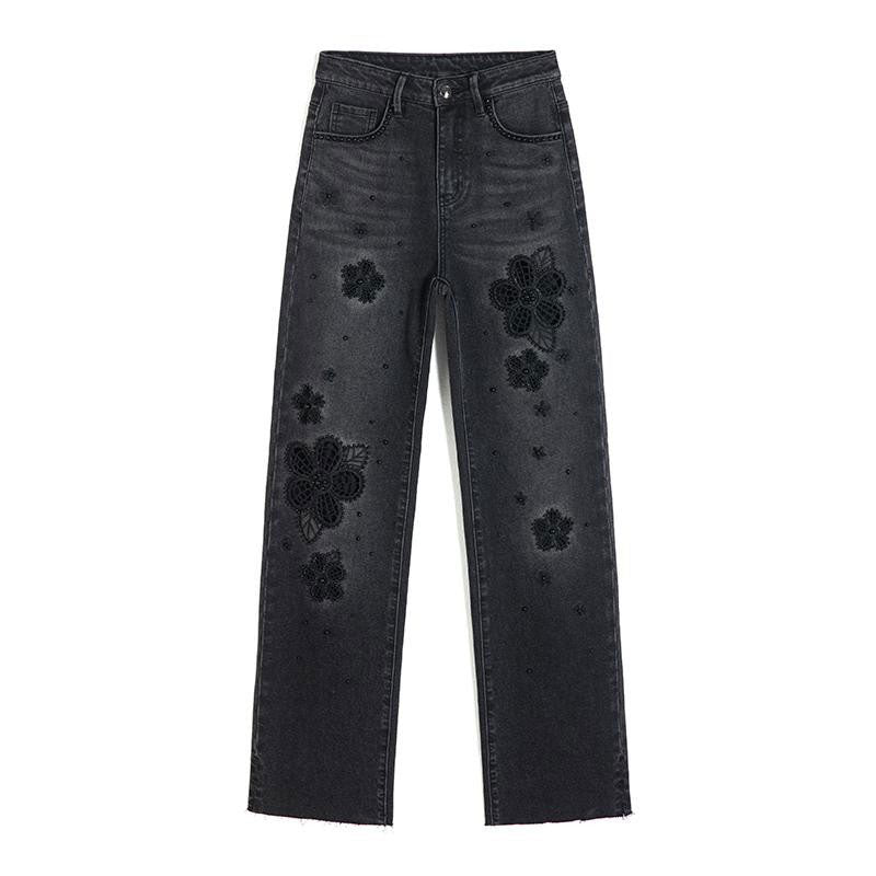 Pearl-Embellished Floral Embroidered Cut-Out Jeans