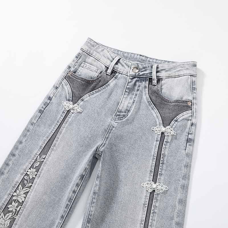 Patchwork Pearl-Frog Closure Embroidered Jeans