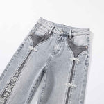 Patchwork Pearl-Frog Closure Embroidered Jeans