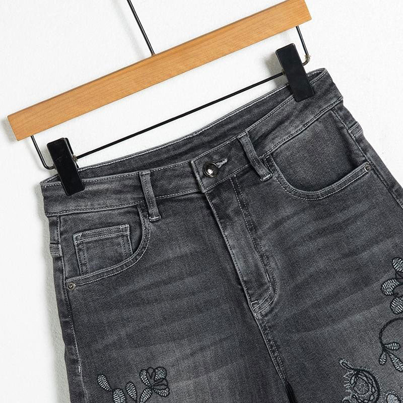 Asymmetric Heavy Embroidered Denim Shorts