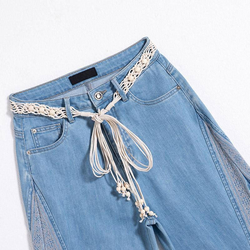 Raw Hem Ethnic Motif Embroidery Flared Jeans