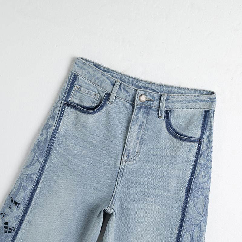 Lightweight Rhinestone & Embroidered Cut-Out Jeans