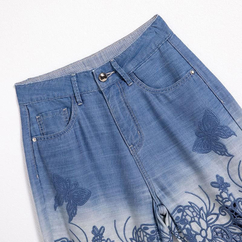 Butterfly Floral Embroidered Cut-Outs Ombré Jeans