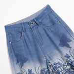 Butterfly Floral Embroidered Cut-Outs Ombré Jeans