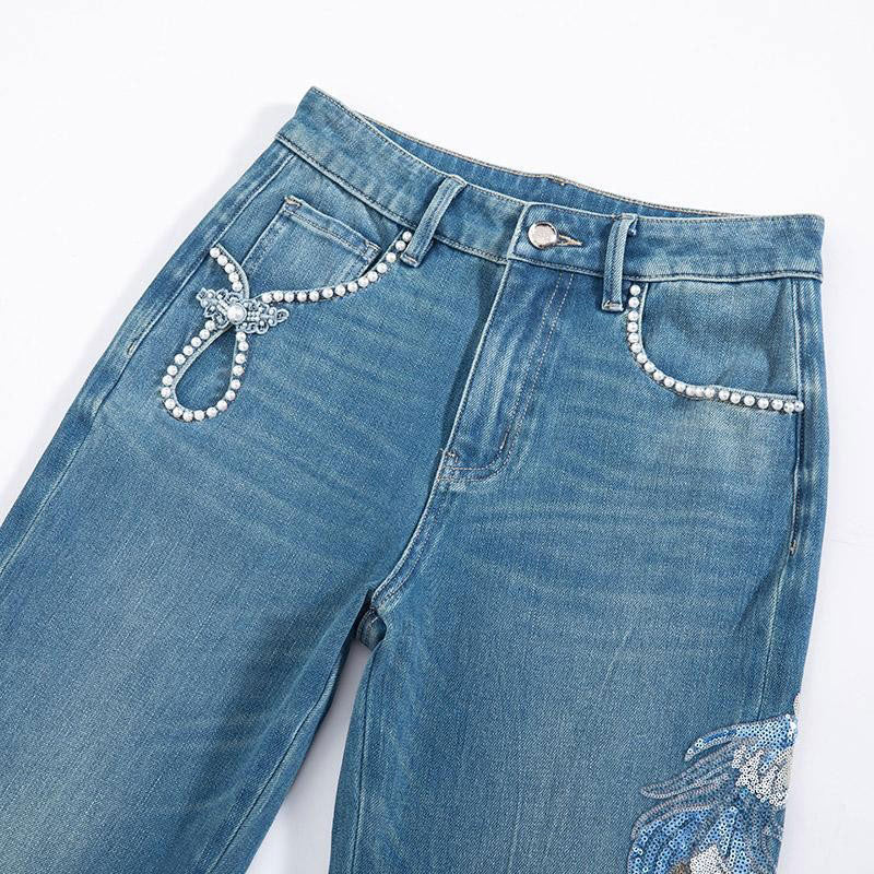 Phoenix-Embroidered Sequin Tapered Ankle Jeans