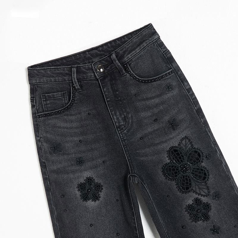 Pearl-Embellished Floral Embroidered Cut-Out Jeans