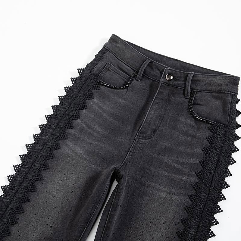 Rhinestones & Pearls Embroidery Patchwork Ankle Jeans