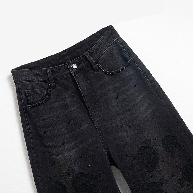 Rose Embroidered Lace-Cut Jeans with Pearl Beading