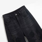 Rose Embroidered Lace-Cut Jeans with Pearl Beading