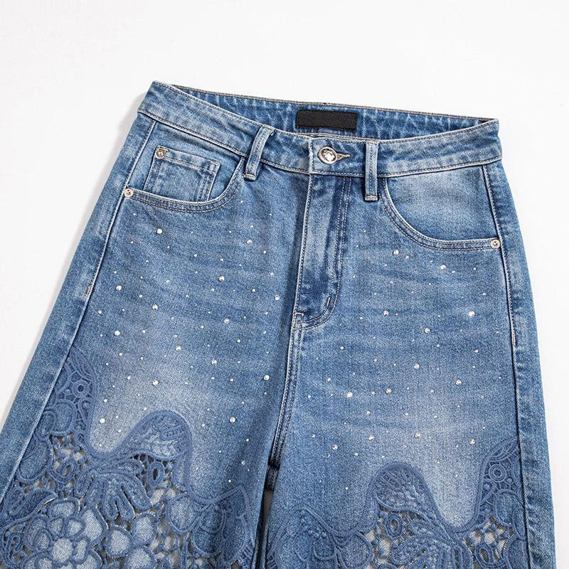 Raw Hem Floral Lace-Cut Jeans with Rhinestones