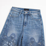 Raw Hem Floral Lace-Cut Jeans with Rhinestones