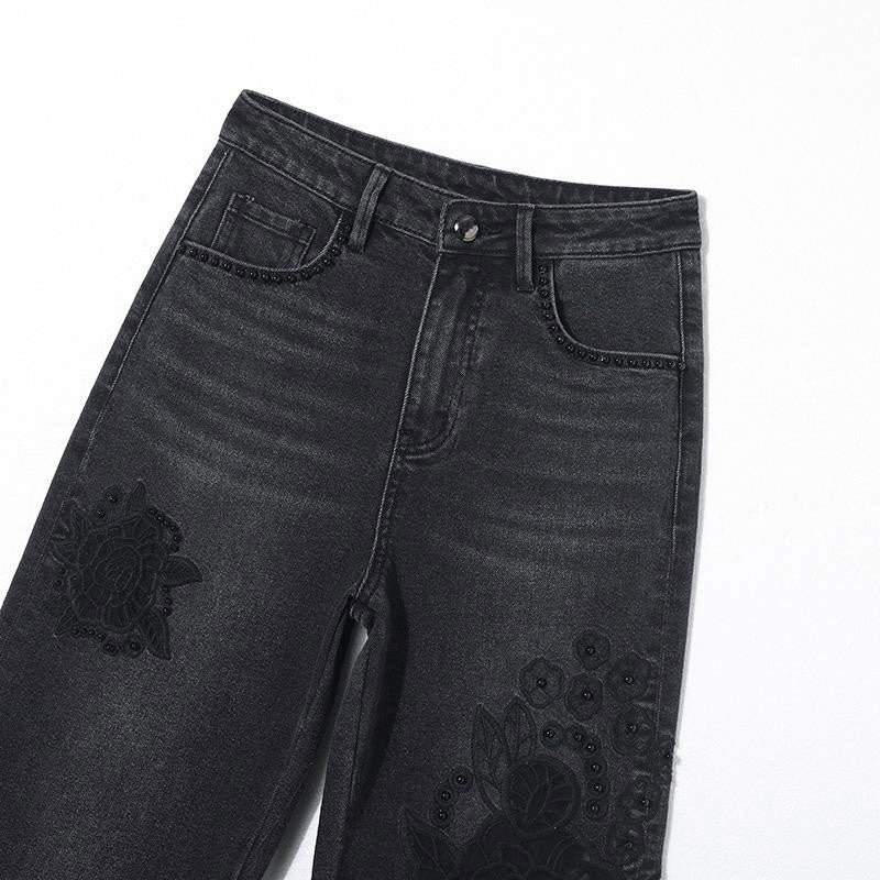 Pearl-Embellished Embroidery Cut-Out Whisker Jeans