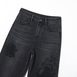 Pearl-Embellished Embroidery Cut-Out Whisker Jeans
