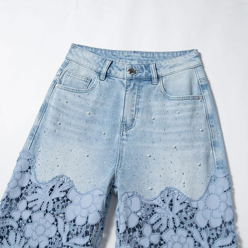 Embroidered Cut-Out Pearl Rhinestone Ankle Jeans