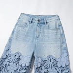 Embroidered Cut-Out Pearl Rhinestone Ankle Jeans