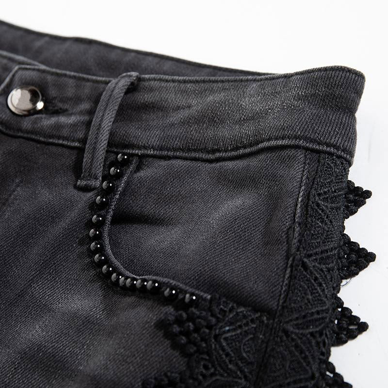 Rhinestones & Pearls Embroidery Patchwork Ankle Jeans