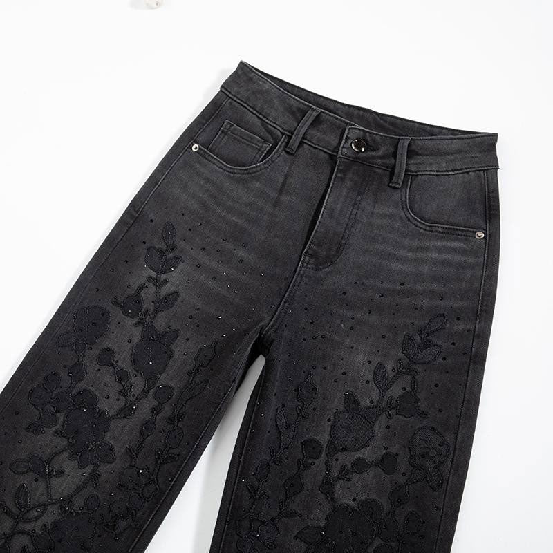 Rhinestone & Rope Embroidery Straight Leg Jeans