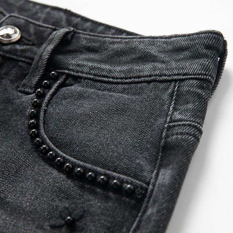 Pearl-Embellished Floral Embroidered Cut-Out Jeans