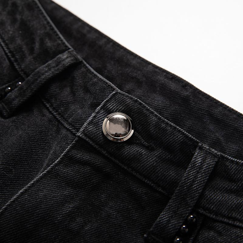 Rose Embroidered Lace-Cut Jeans with Pearl Beading