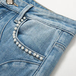 Pearl-Beaded Frog Closure Jeans with Cut-Outs