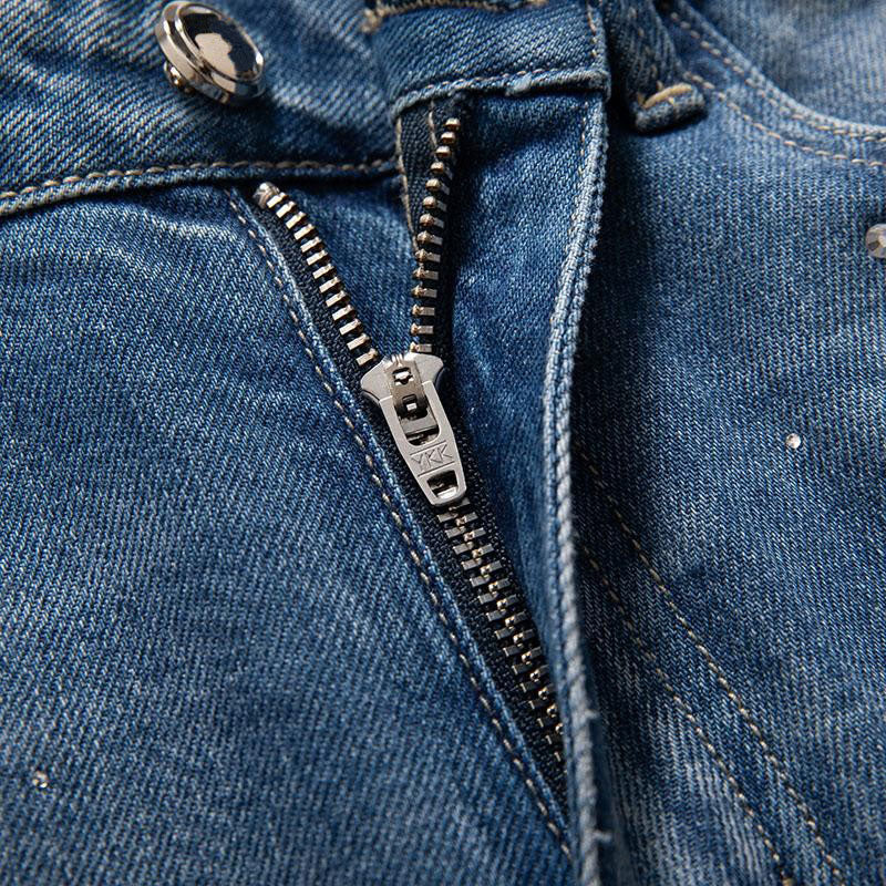 Rhinestone-Transferred & Embroidered Cut-Out Jeans