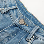 Pearl-Beaded Frog Closure Jeans with Cut-Outs