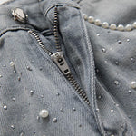 Pearl & Rhinestone Lace-Cut Denim Shorts