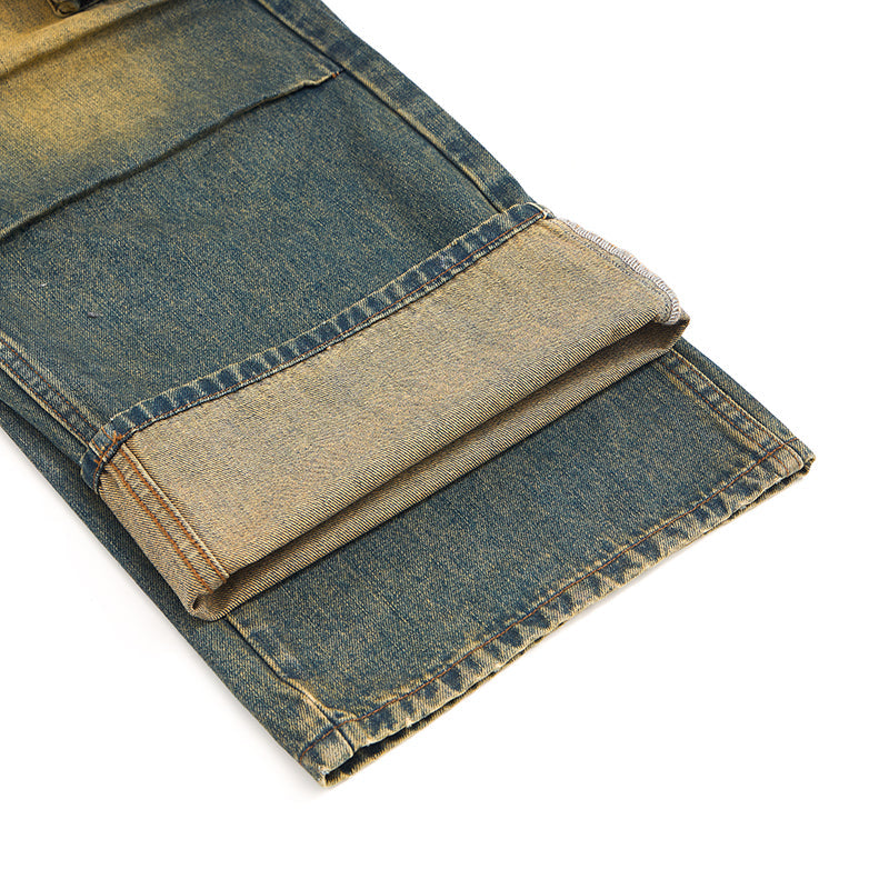 Vintage Washed Pleated Knee Cargo Jeans