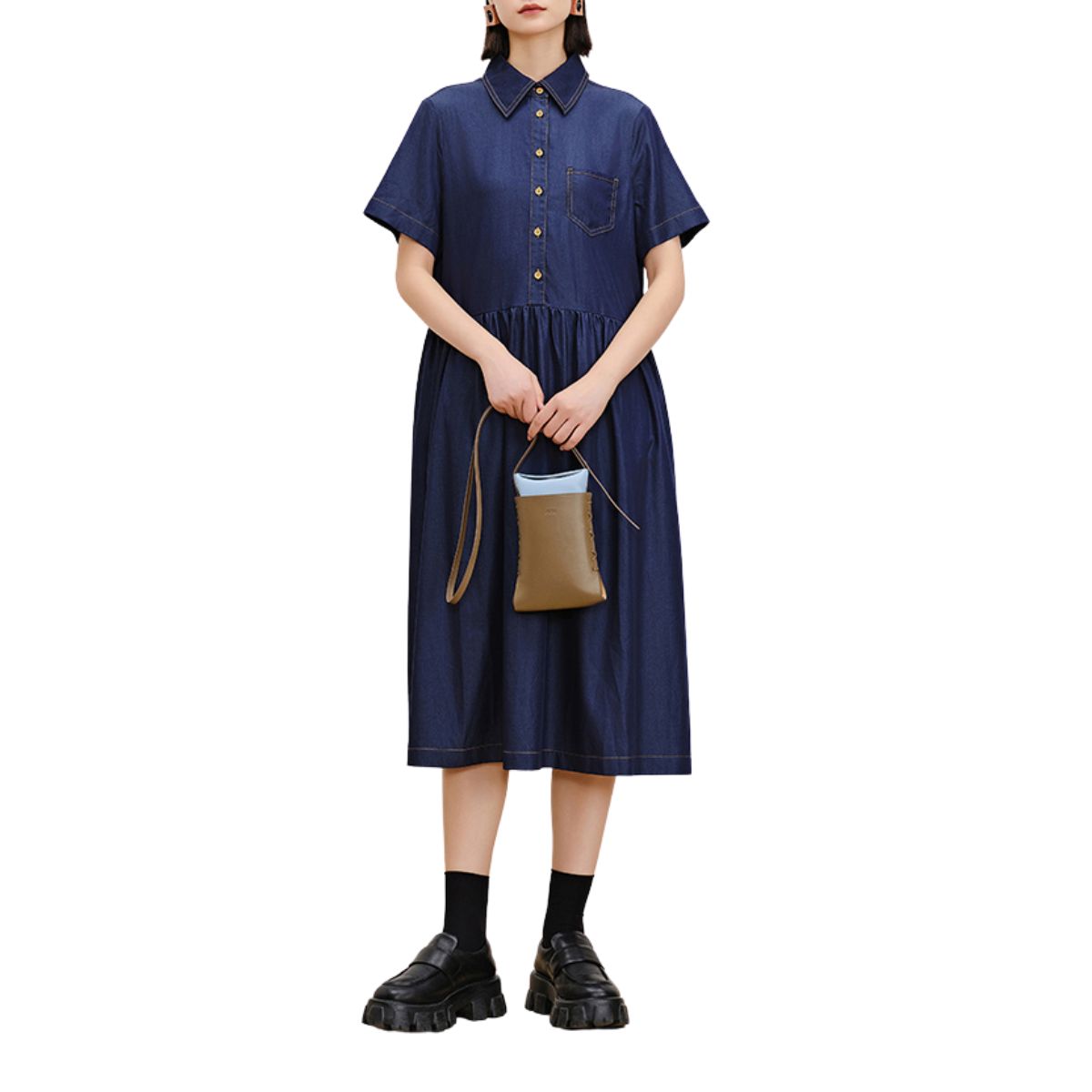 Oversized Pleated Denim Midi Shirtdress