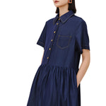 Oversized Pleated Denim Midi Shirtdress