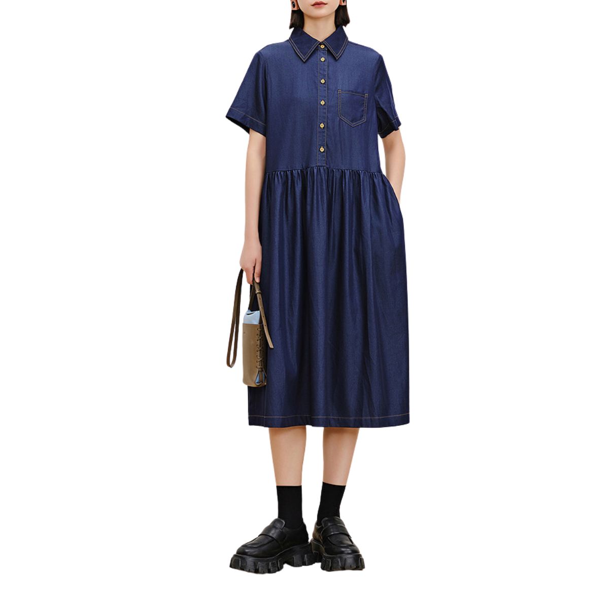 Oversized Pleated Denim Midi Shirtdress
