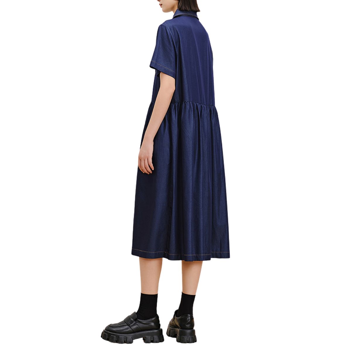 Oversized Pleated Denim Midi Shirtdress