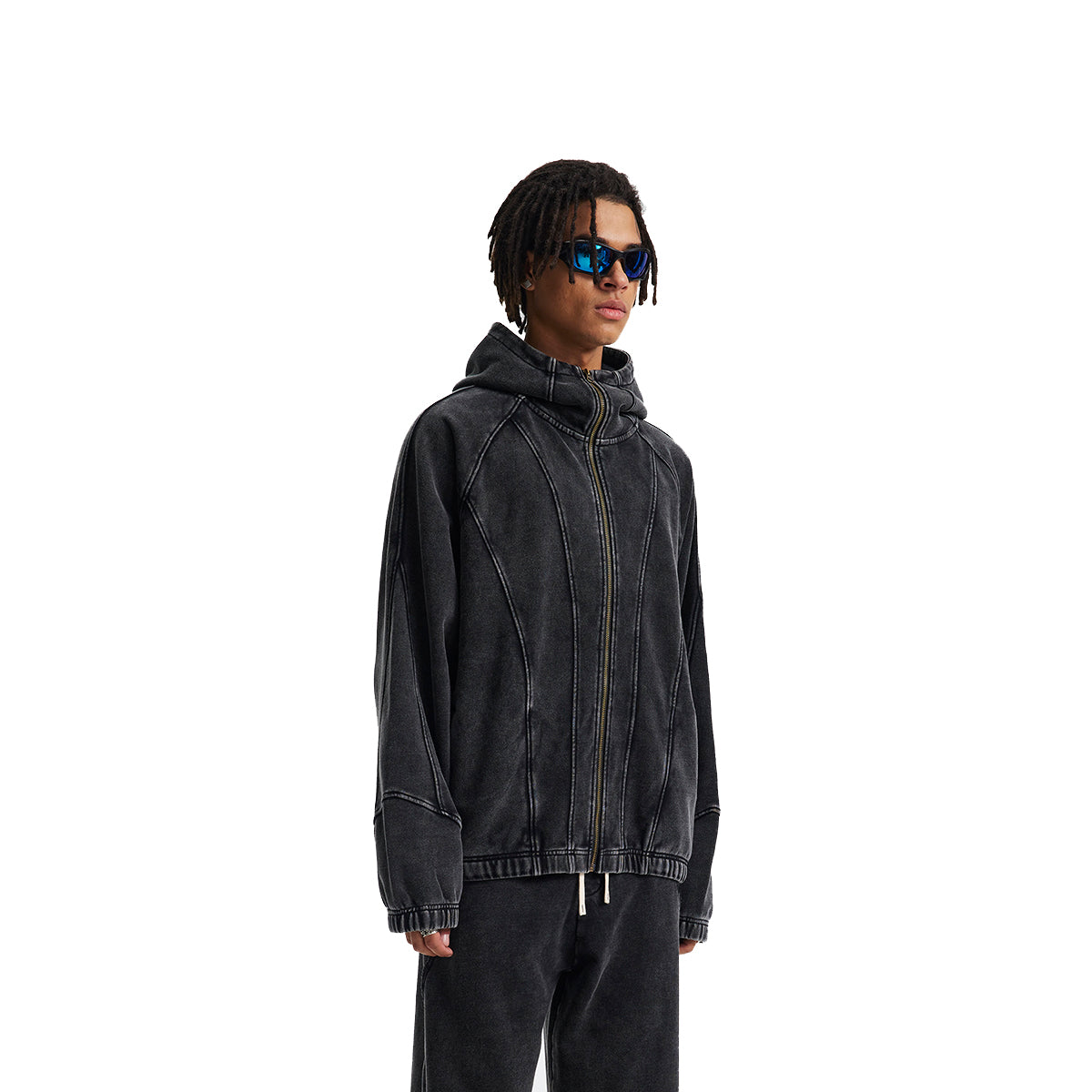 Vintage Washed Oversized Curved Stitch Zip Hoodie
