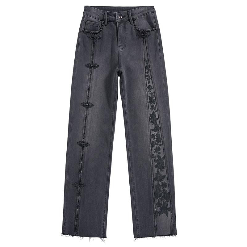 Pearl-Frog Embroidered Wide-Leg Jeans