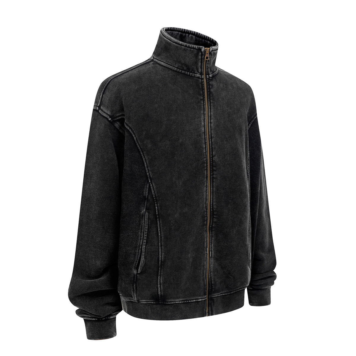 Stand Collar Panel Detail Washed Zip Up Sweatshirt