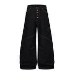 Wide Leg High Waisted Dark Denim Jeans Button Detail