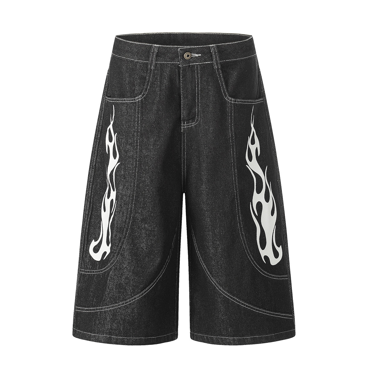 Flame Print Black Wide Leg Denim Shorts