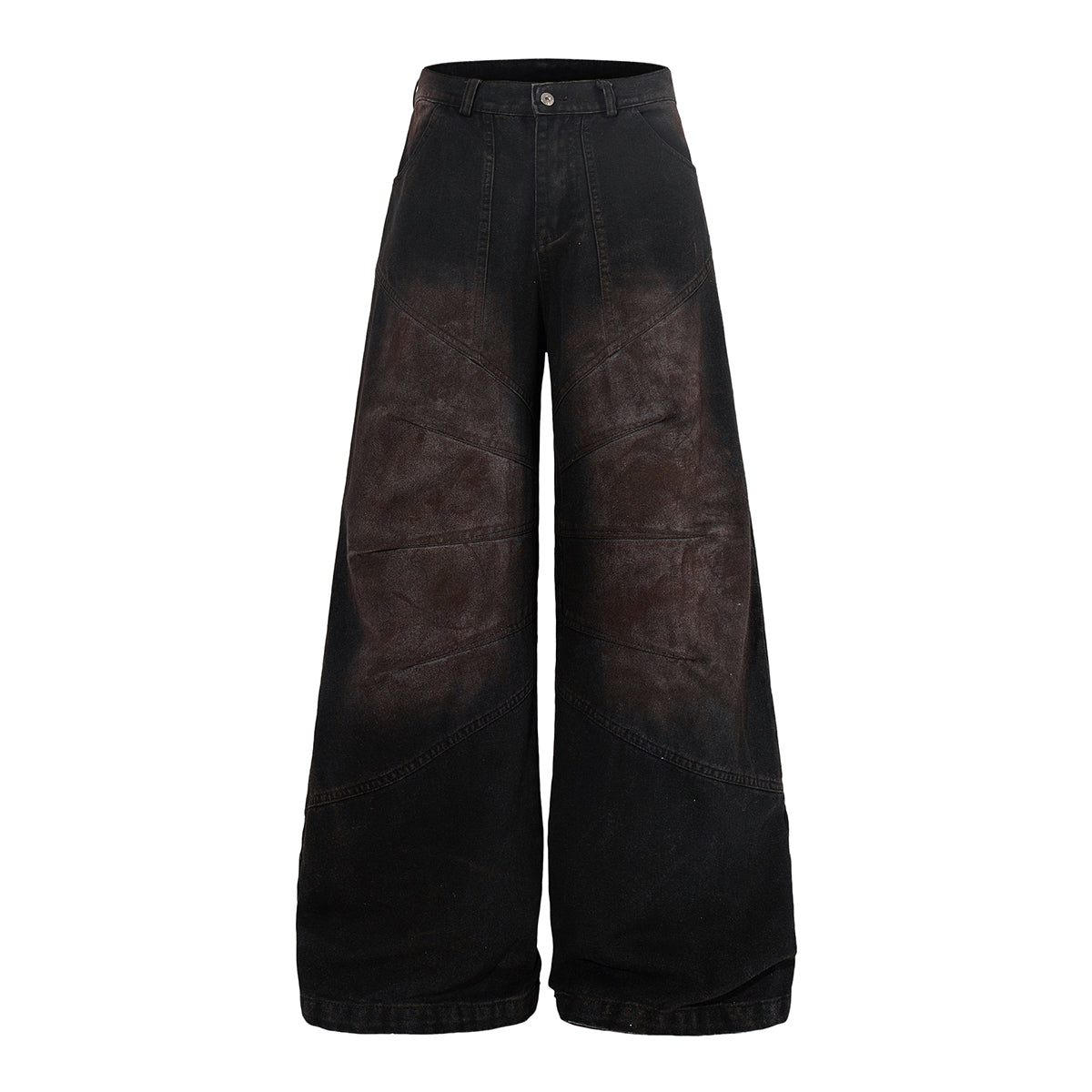 Artistic Brown Fade Geometric Stitching Black Denim Wide Leg Jeans