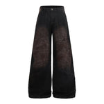 Artistic Brown Fade Geometric Stitching Black Denim Wide Leg Jeans