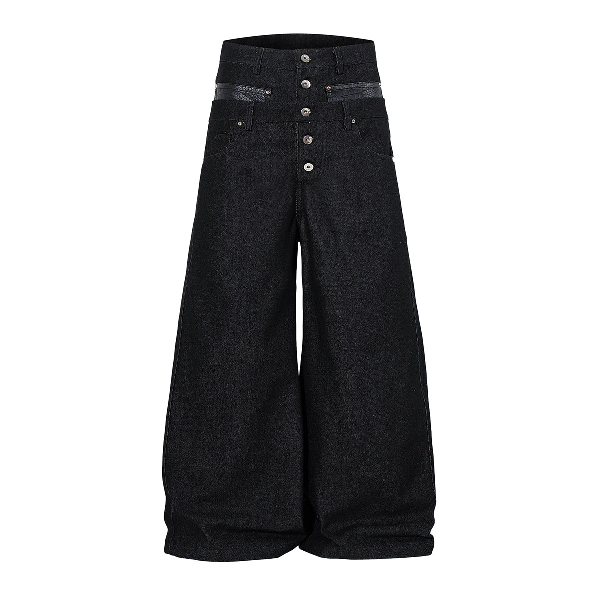 Faux Leather Accent High Waisted Wide Leg Denim Trousers
