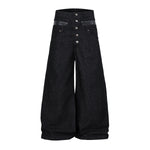 Faux Leather Accent High Waisted Wide Leg Denim Trousers