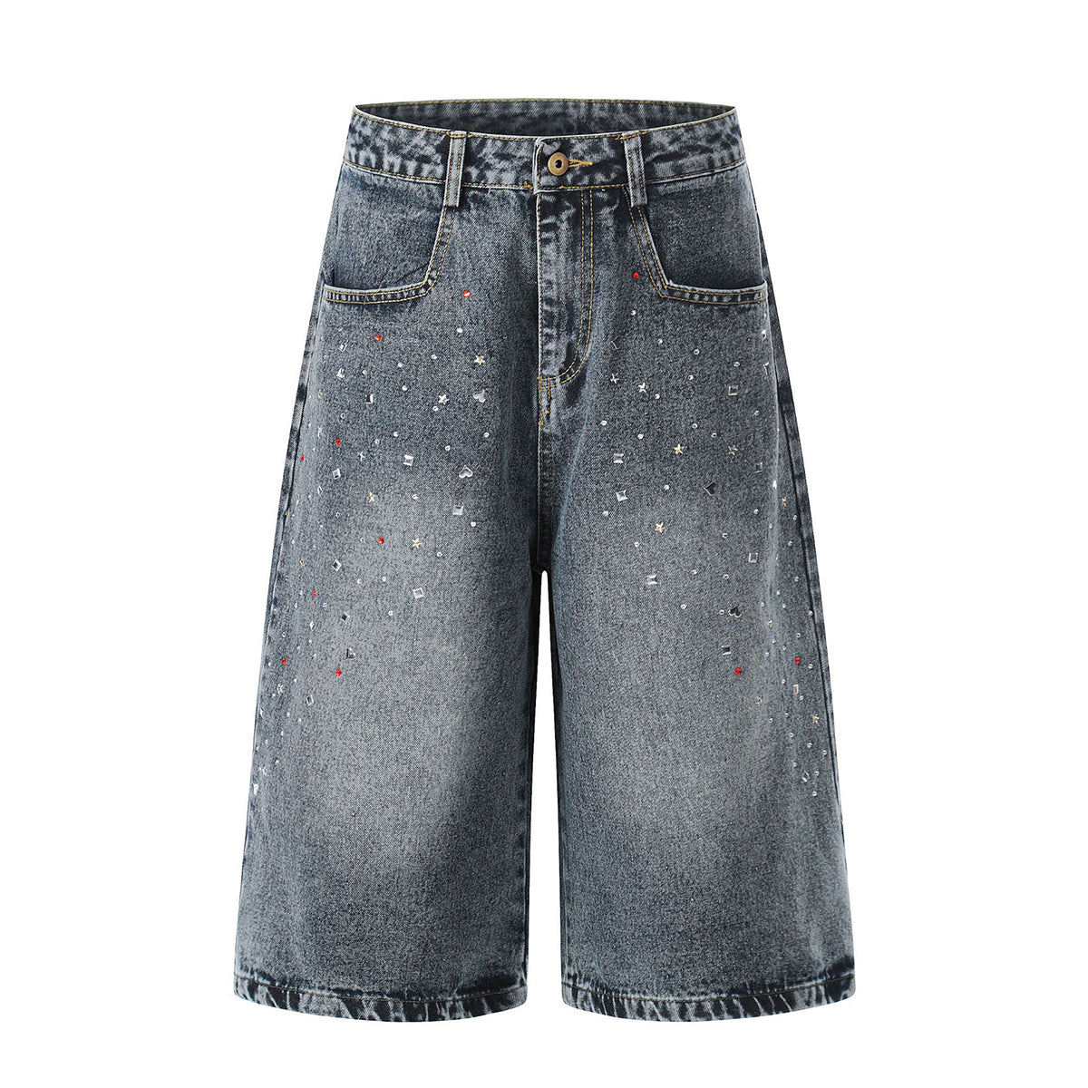 Starry Denim Bermuda Shorts Distressed Wash Colorful Accents
