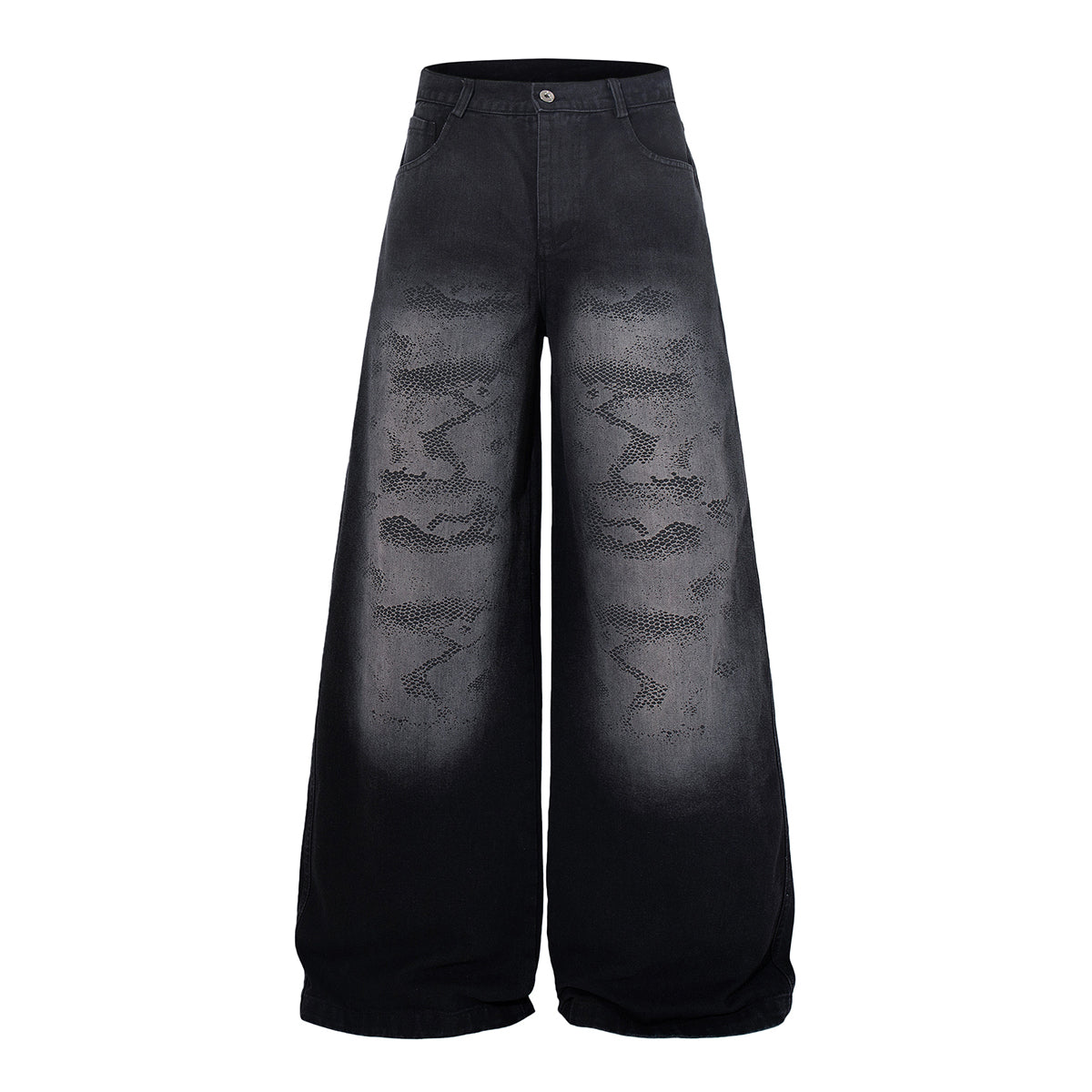 Black Wide Leg Jeans Snake Print Faded Detailing