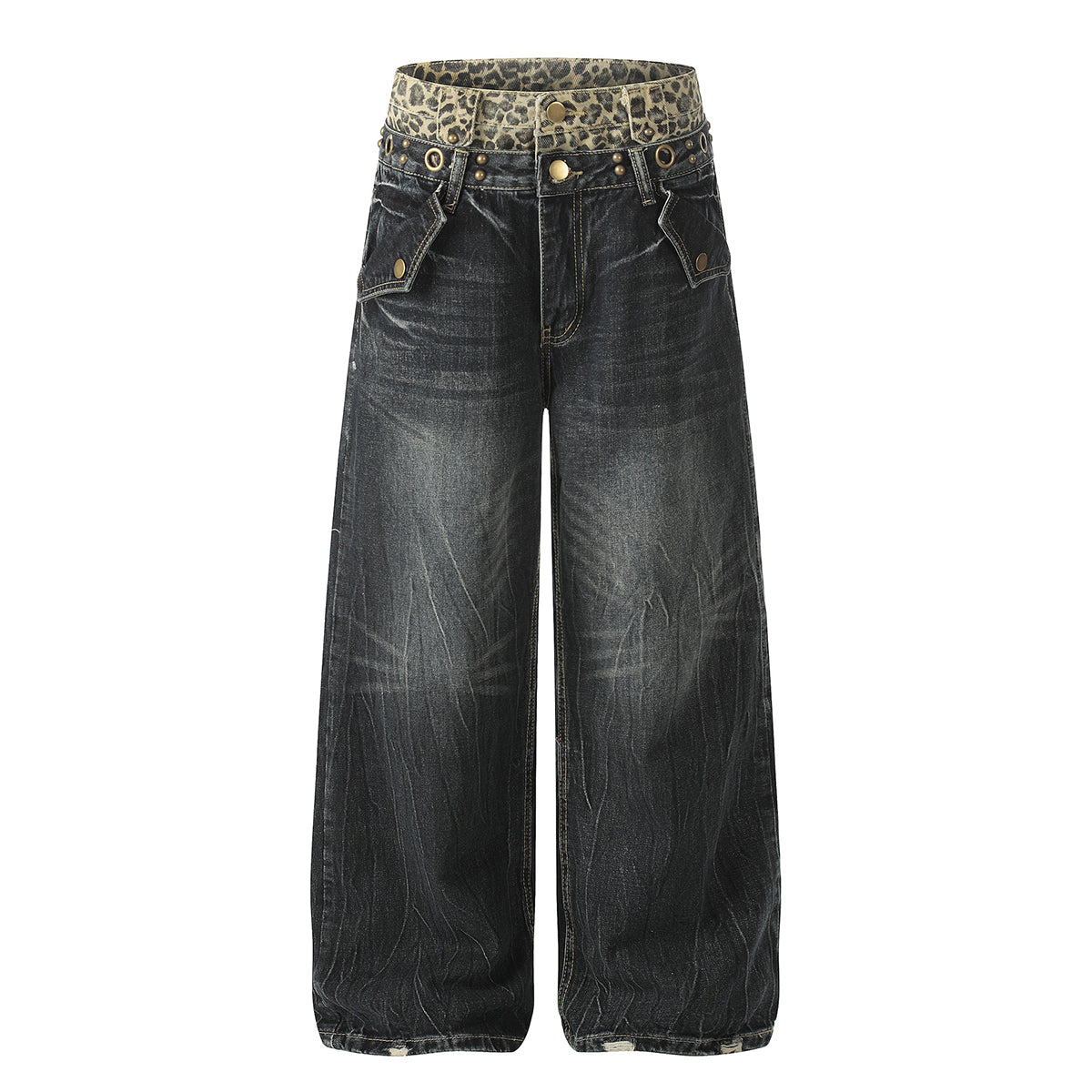 Wide Leg Denim Pants Leopard Print Waistband Stud Accents