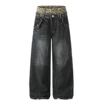 Wide Leg Denim Pants Leopard Print Waistband Stud Accents