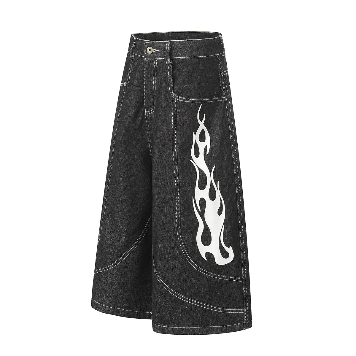 Flame Print Black Wide Leg Denim Shorts