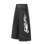 Flame Print Black Wide Leg Denim Shorts